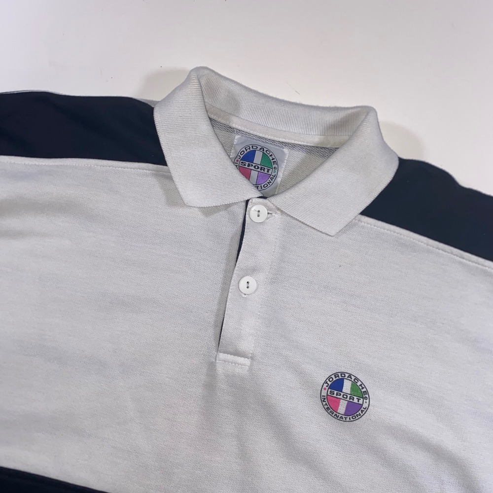 Vintage Jordache Sport International Polo Shirt Men Large White Navy 90s Striped
